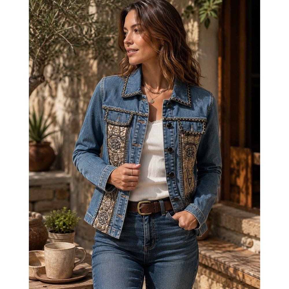Just B Vintage Denim Jacket Lace Beaded Western Jean Jacket Size S Womens